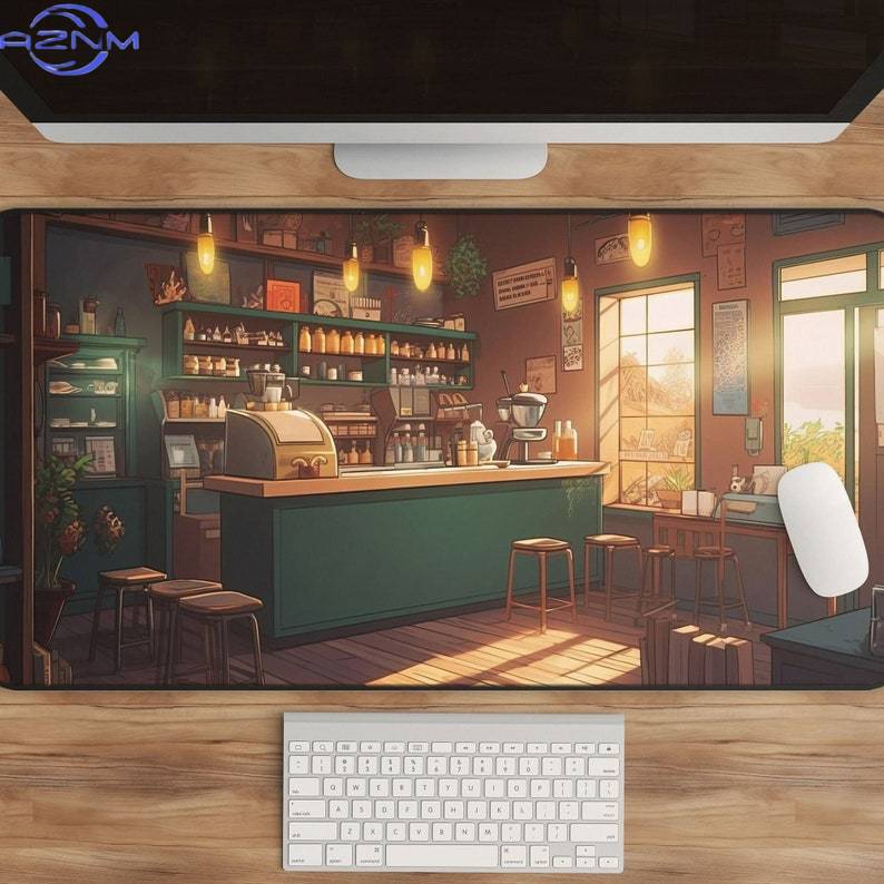 Gaming Accessories Shop - かわいいアニメデスクマットコーヒーショップアートXLゲーミングデスクパッドおしゃれなテーブルマットキュートなオフィスマウスパッドデスクアクセサリーマウスパッド