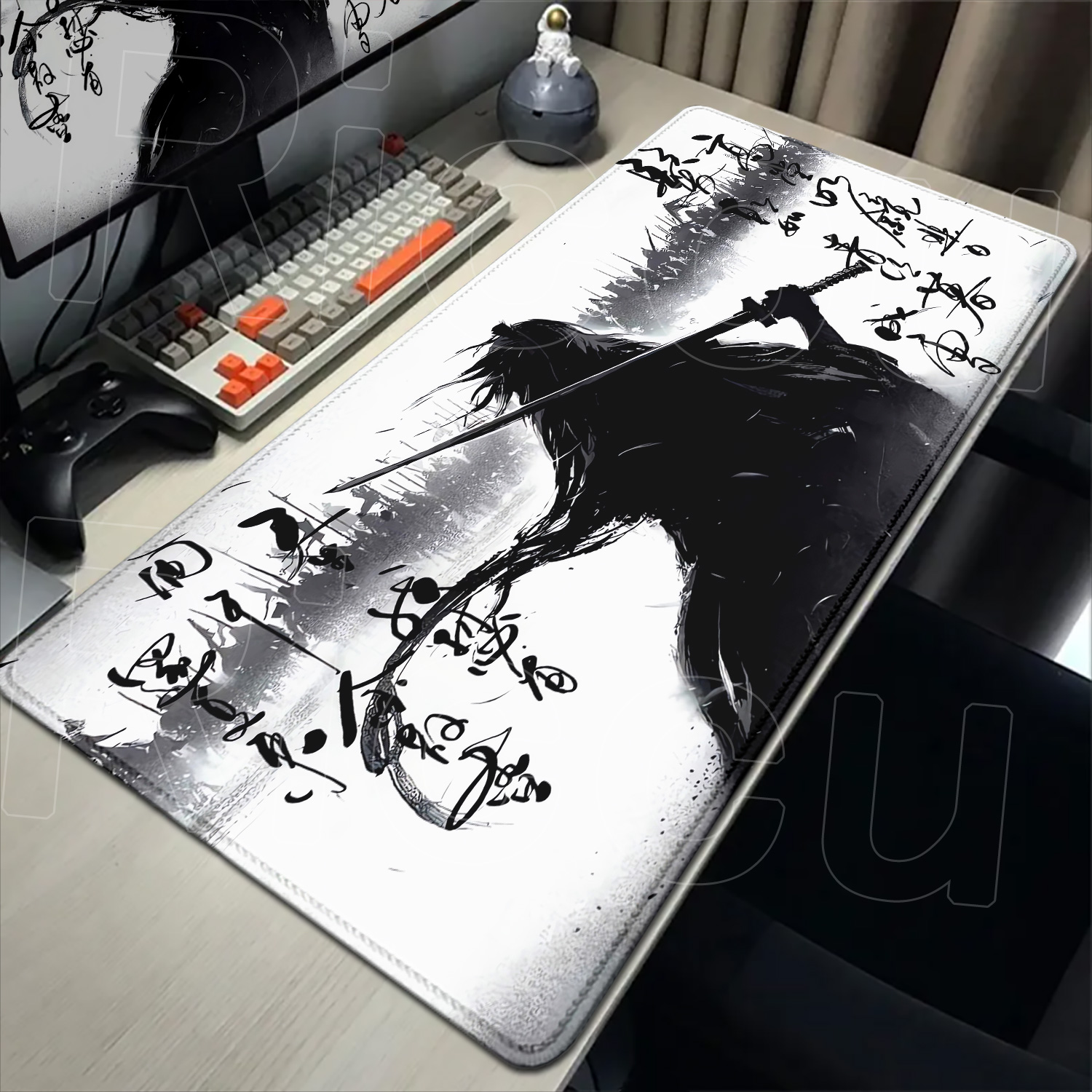 Gaming Accessories Drawing - サムライ戦士白黒描画マウスパッドゲーマーコンピュータPCアクセサリーキーボードテーブルマウスパッド会社ゲーミングデスクマット
