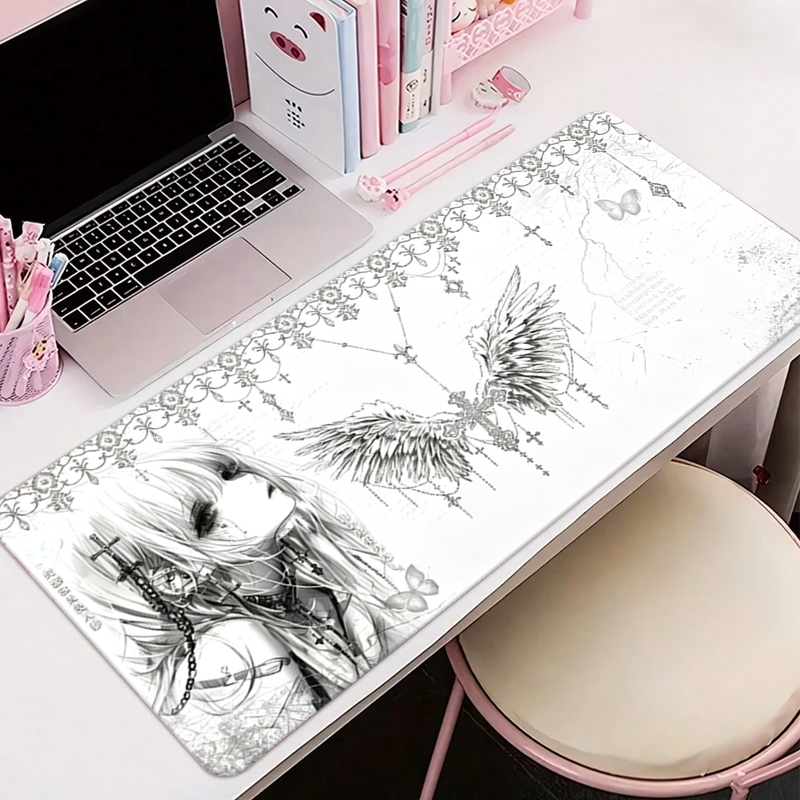 Gaming Office Accessories - レザーマウスパッド黒白アニメ美学エンジェルガールマウスパッドオフィスアクセサリーPCゲームキーボードEスポーツHDデスクマット